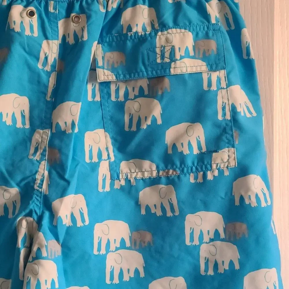 TOM & TEDDY Blue and White Elephants UPF 50+ Quick Dry Swim Shorts Size Small‎